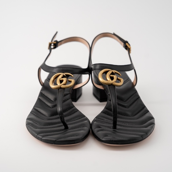 size 40.5G - Gucci Marmont GG Thong T-Strap Sandals Black Leather Chuck Heel - Picture 2 of 12